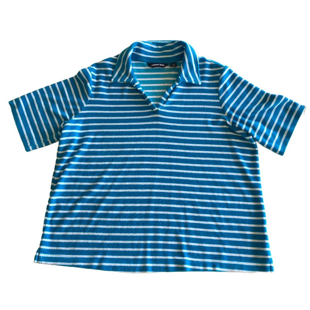 Lands End Blue and White Striped Terry Cloth V Neck Oversized Polo Beach Shirt